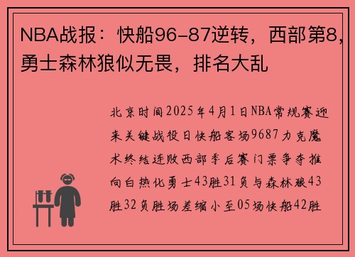 NBA战报：快船96-87逆转，西部第8，勇士森林狼似无畏，排名大乱